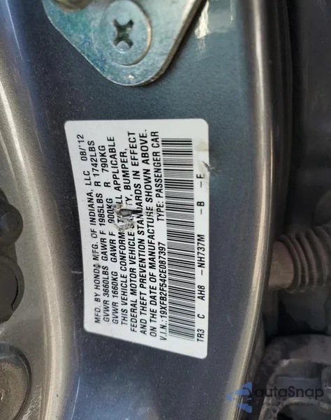 2012 Honda Civic Lx z USA, uszkodzony, nr VIN 19XFB2F54CE087397
